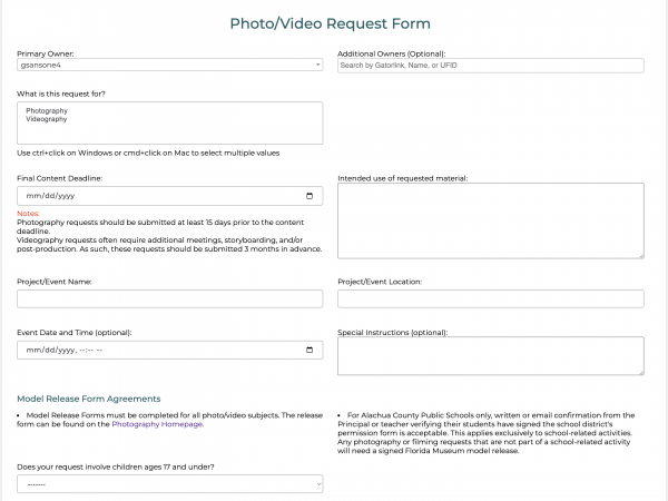 Screenshot of the new Photo/Video request form