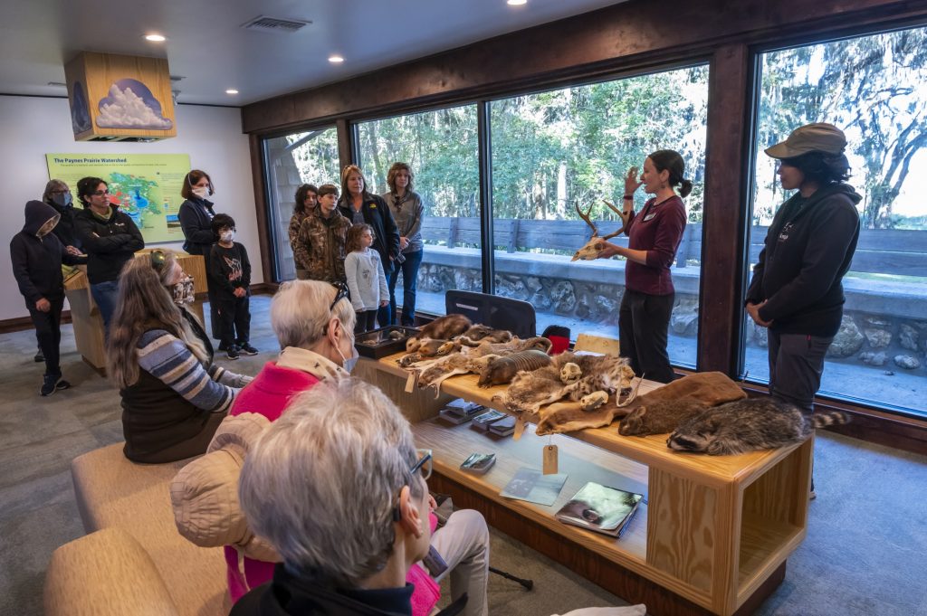two women stand in front of a table of mammal skins and skulls, talking to a group