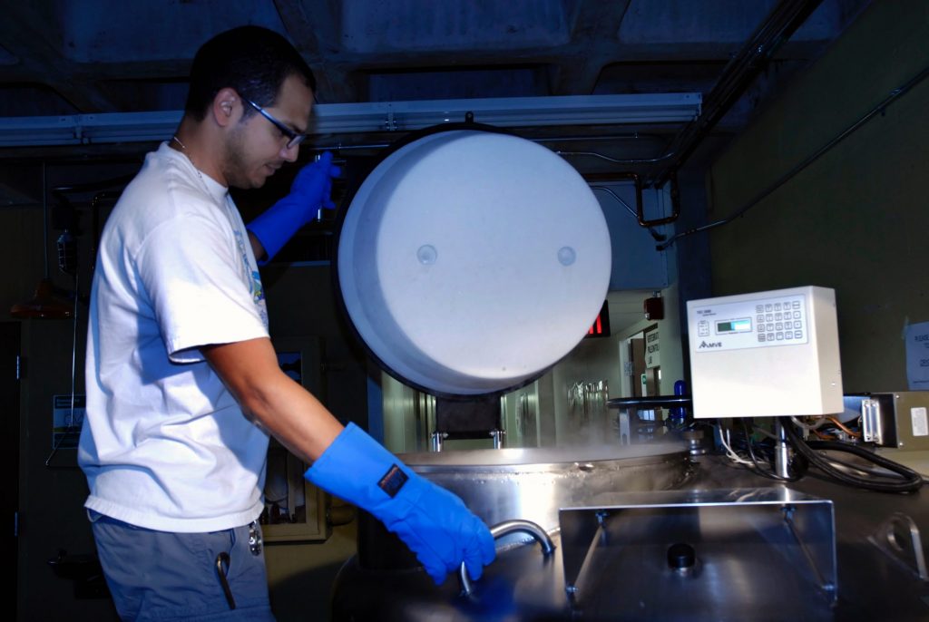 researcher with protective gloves removing tissue samples from the freezer