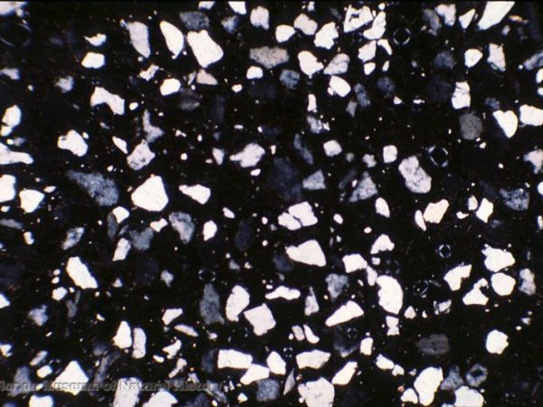 Thin section view of sand-tempered sherd showing abundant quartz grains (width of image 2.5mm; XP,4x)