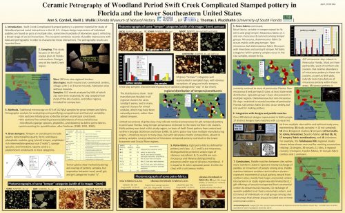 Poster for: Ceramic Petrography of Woodland Period Swift Creek Complicated Stamped potter in Florida and the lower Southeastern United States