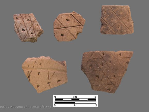 5 sherds with angled crosshatching creating diamonds with punctation at center