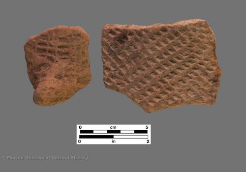 2 sherds with deep check stamping, including 1 podal support