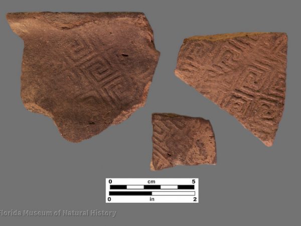 3 sherds complicated stamped pottery with squared spirals