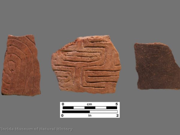 3 sherds with fine straight and curvilinear incising or engraving