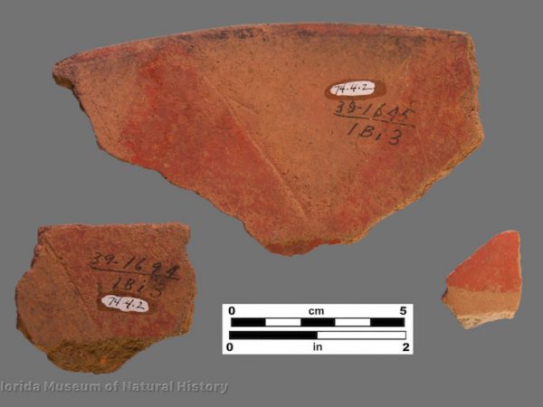 3 sherds of zoned red pottery