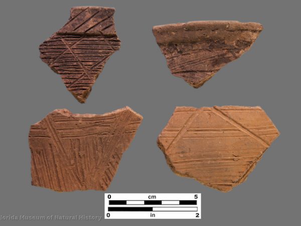 4 sherds with brushing and cross-hatched incising