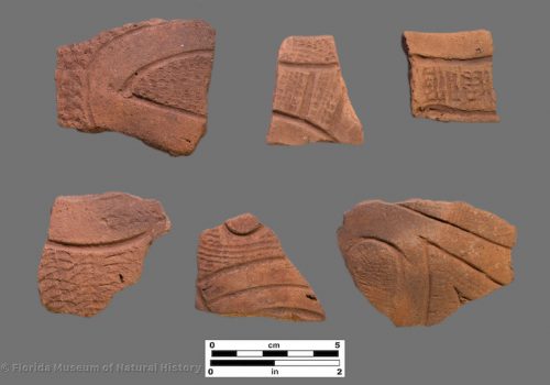 6 sherds of curvilinear incised pottery with stamped zones