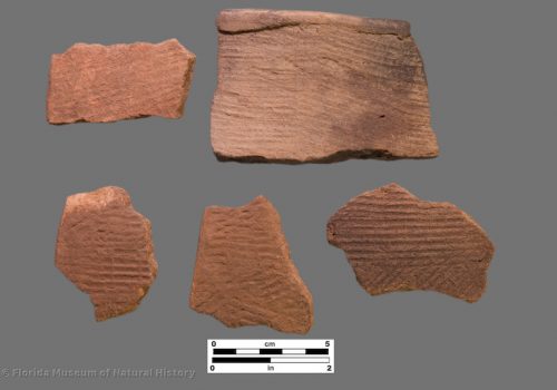5 sherds with fine linear check stamping