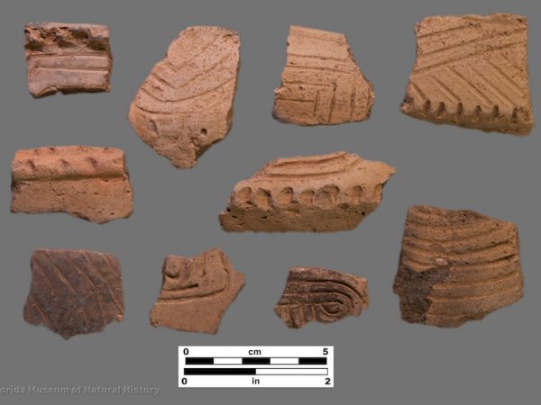 10 sherds of pottery with straight and curvilinear incisons