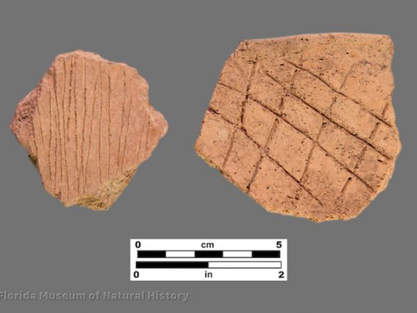 2 sherds of pottery with linear and cross-hatched designs