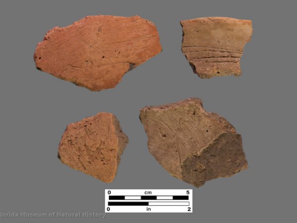 4 sherds of pottery with rough exteriors