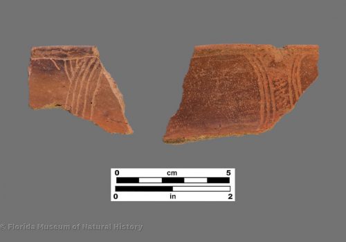 2 rim sherds of pottery with finely engraved lines