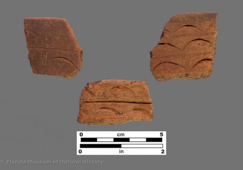 3 sherds of pottery with large half moon impressions