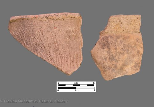 2 sherds of brushed pottery