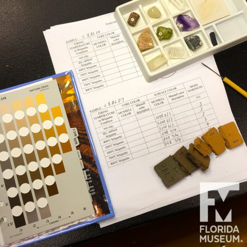 A table with paperwork, fired briquettes, a Munsell book of color chips, and Mohs hardness rock set