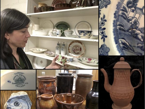 woman in front of shelves of historic pottery