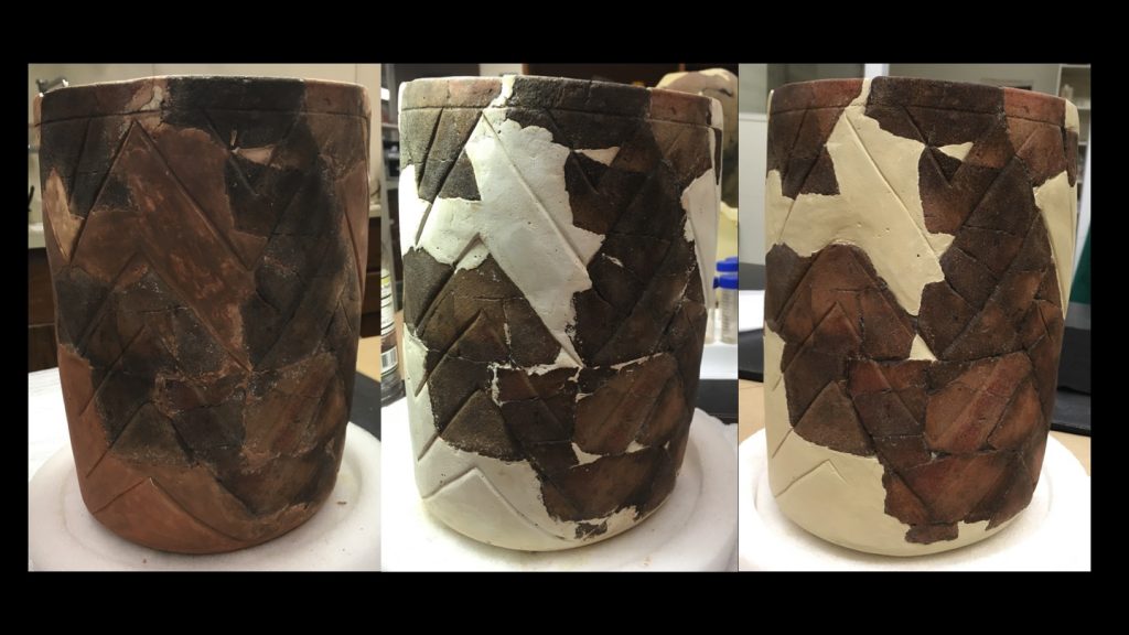 3 views of pot during process of restoration