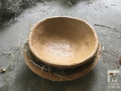 Completed bowl sitting in wooden bowl on next of Spanish moss