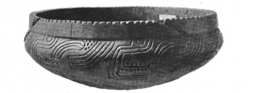 Incised pottery bowl b/w photo