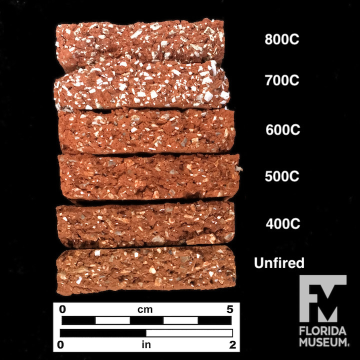 stack of briquettes ranging from unfired clay to 800 degrees celsius. The inclusions 600 and below are brownish/gray, and above 700 are white and larger