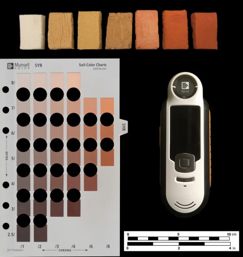 page from Munsell book, the Munsell Capsure, and samples of fired clay briquettes