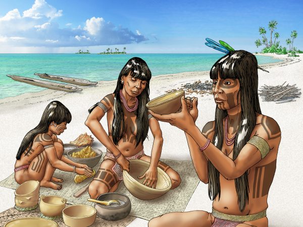 illustration of three Indigenous women in traditional clothing and tattoos, sitting on a beach and forming pottery, with canoes at waters edge behind them