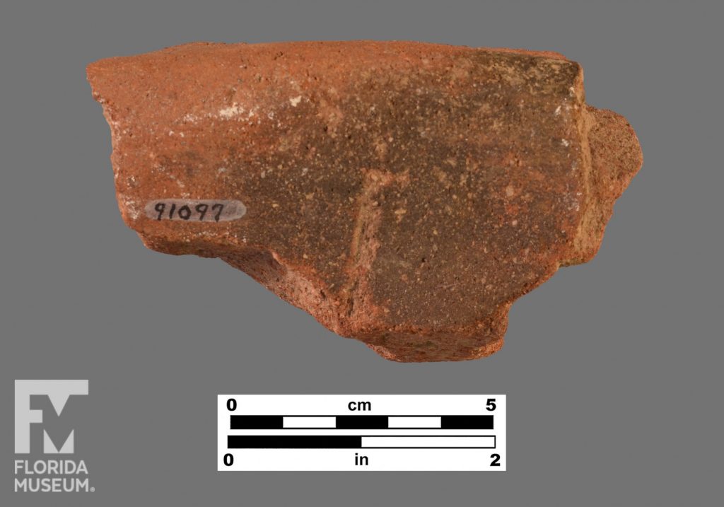 Formal artifact photo of a red-bodied pottery rim sherd