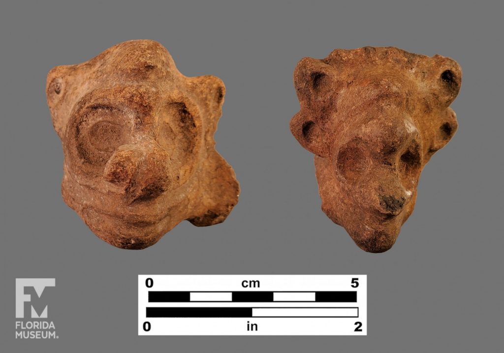 Formal artifact photo of two Chicoid human effigy adornos with faces and headdresses
