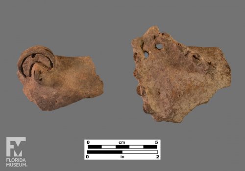 Formal artifact photo of a Chicoid face adorno on the left and triangular modeled appliqué on the right, with points along the edge.