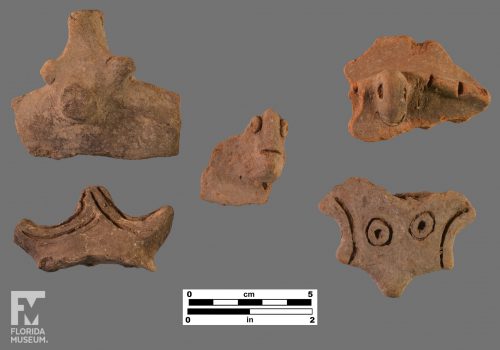 Five photos of Chicoid adorno effigies. Three adornos have clearly modeled heads while the other two are geometric.