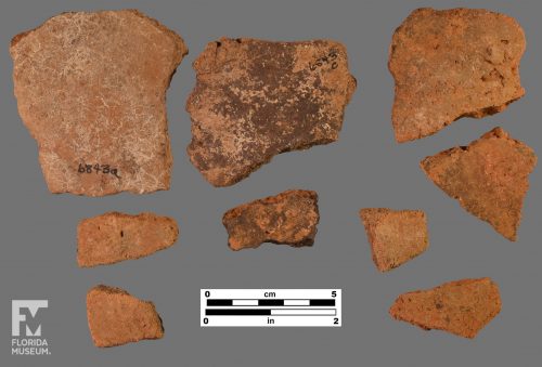 Formal artifact photos of nine reddish sherds.