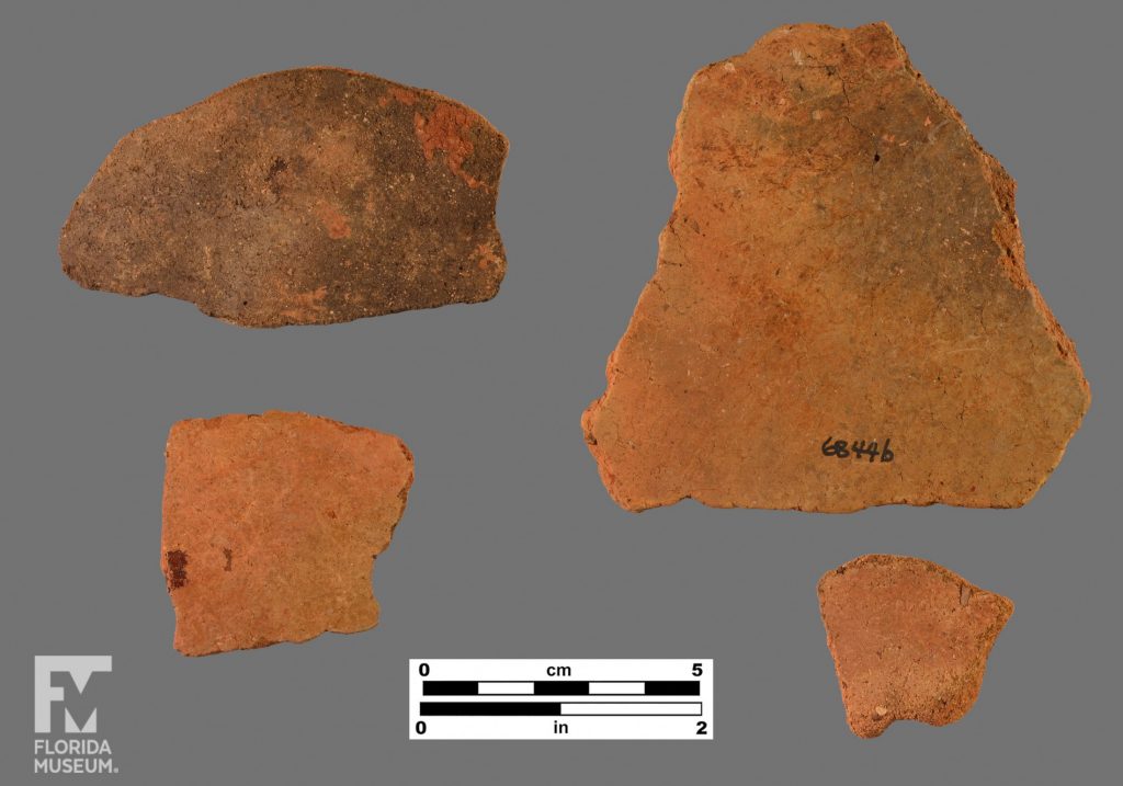 Formal artifact photo of reddish sherds in various sizes. The bottom right is a modeled rim sherd.