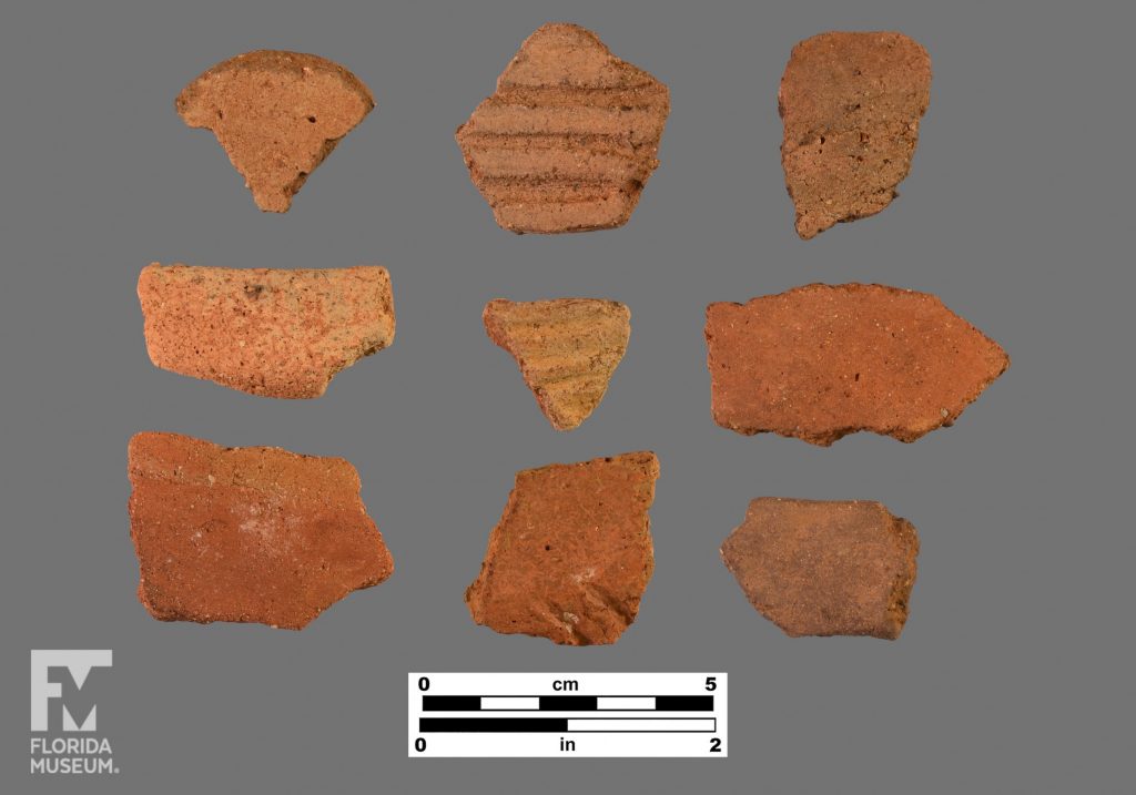 Formal artifact photos of nine sherds, two have horizontal incising and one has diagonal incising.