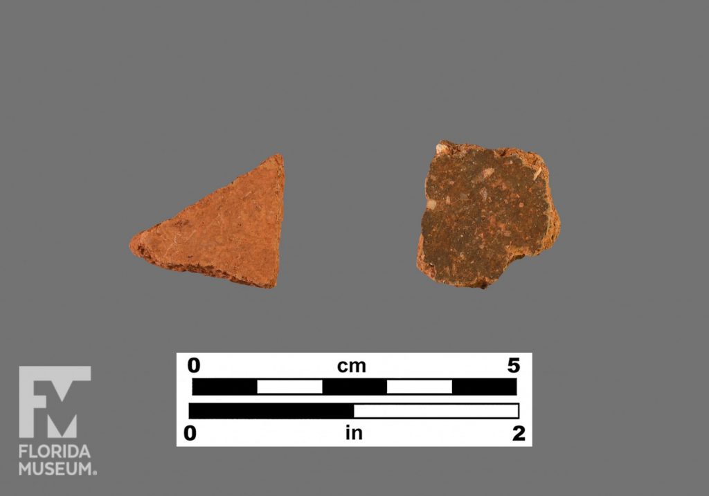 Formal artifact photo of a two small sherds, the one on the right was a darker surface.