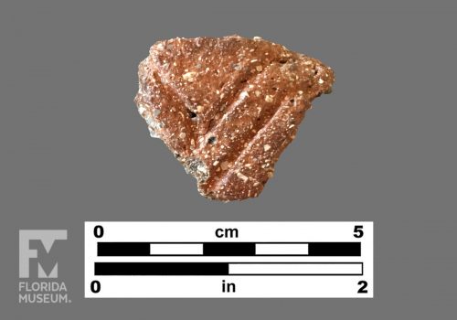 Formal artifact photo of a sherd with chevron incising.