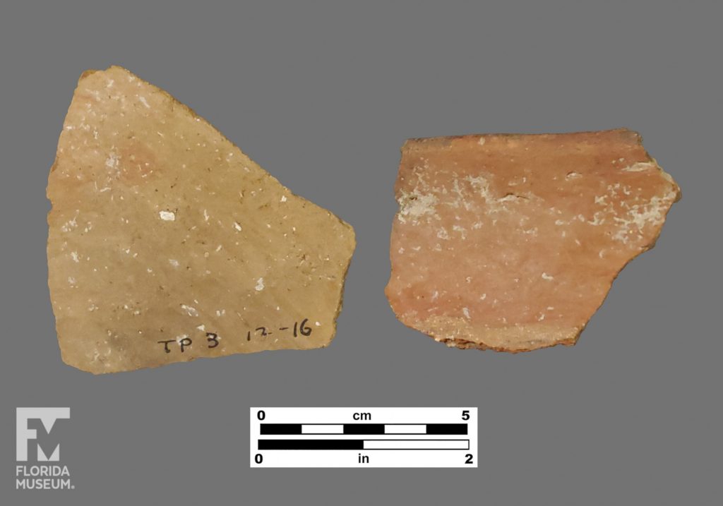 Formal artifact photo of one tan and one red colored sherd.
