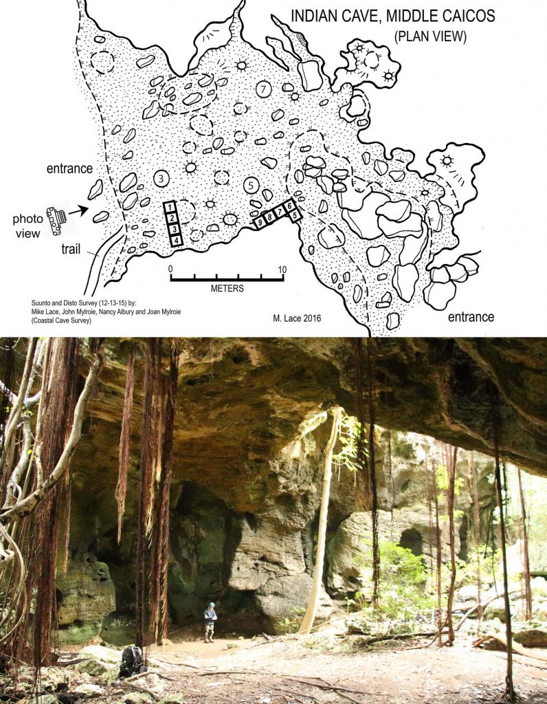 Indian Cave Fossil site map and photograph a person standing in entrance of cave