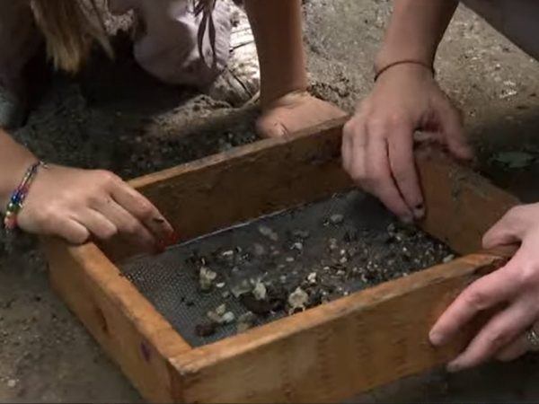 two sets of hands holding a fossil screen frame with sediments in it