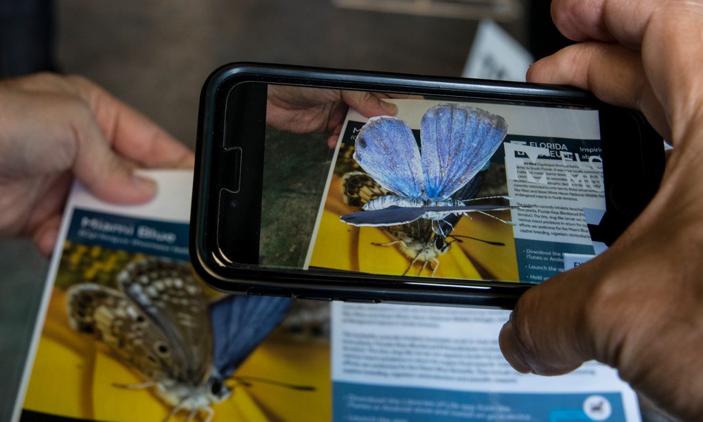 Close-up of a phone showing a beer glass with an augmented reality butterfly