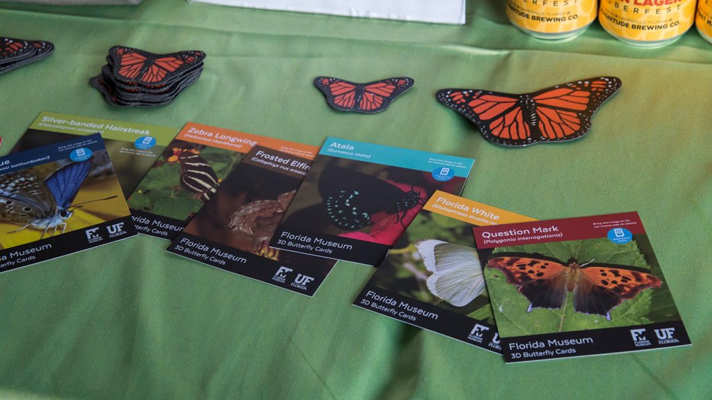 cards with butterfly information spread out over the display table