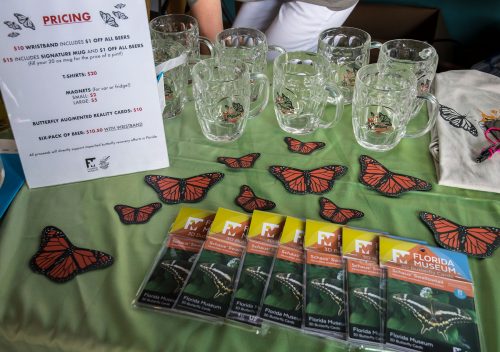 beer glasses, butterfly magnets and informational pamphlets on butterflies arranged on a table