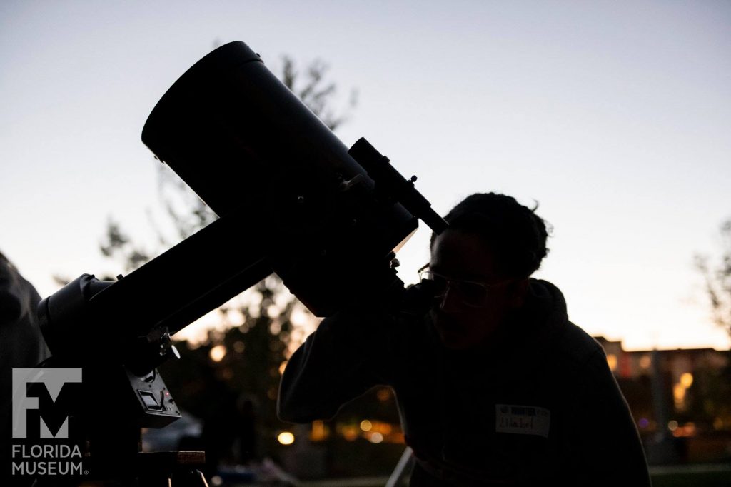 silhouette of person looking in telescope
