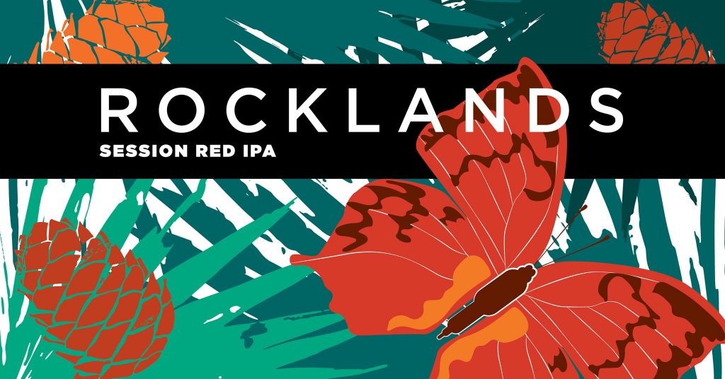 Rockland Red logo, many red butterflies, green palm fronds and a black bank with the words Rocklands Session Red IPA