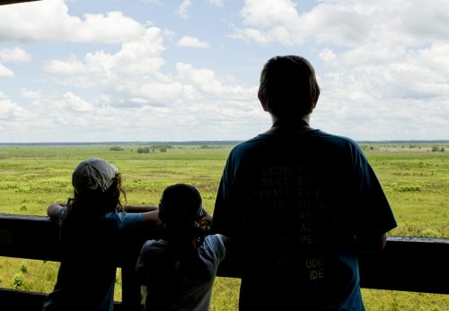 several people looking over a sunny prairie