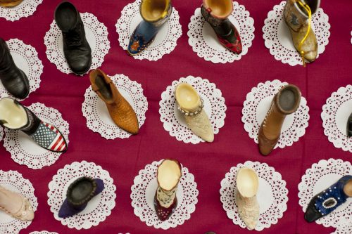 A detail photo of porcelain shoes.