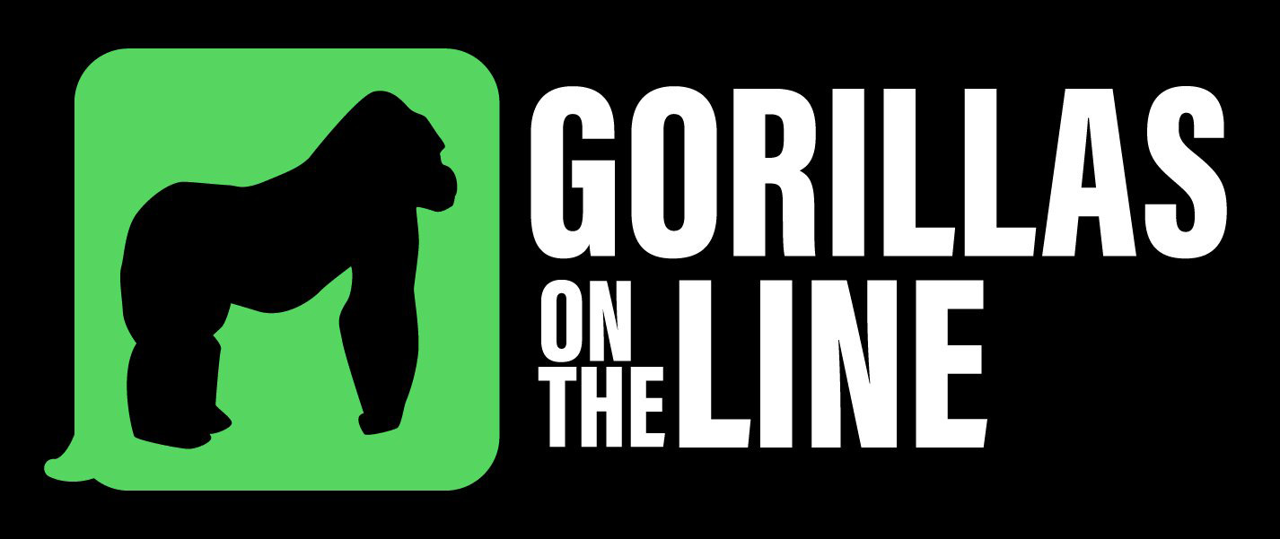Gorillas on the line logo - gorilla silhouette and the text "Gorillas on the Line" in a texting bubble