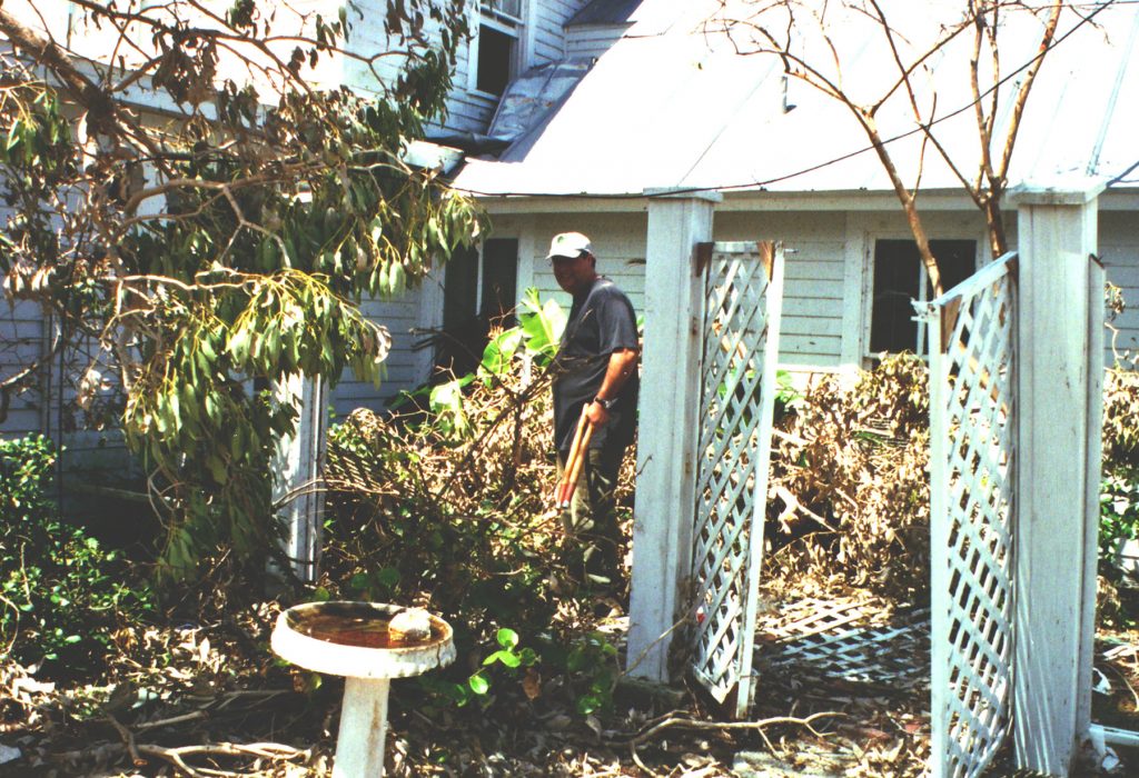 person standing in a yard filled with downed branches after a hurricane.