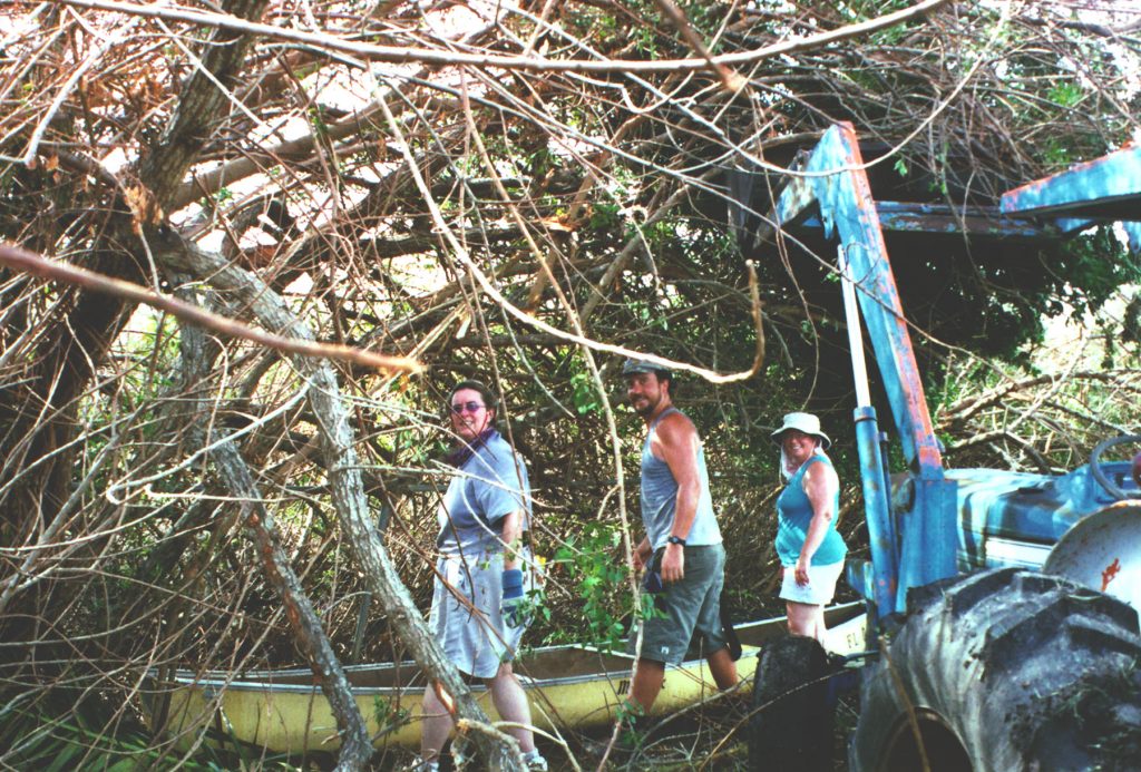 three people sand neck to a yellow canoe sitting under bramble and hurricane debris