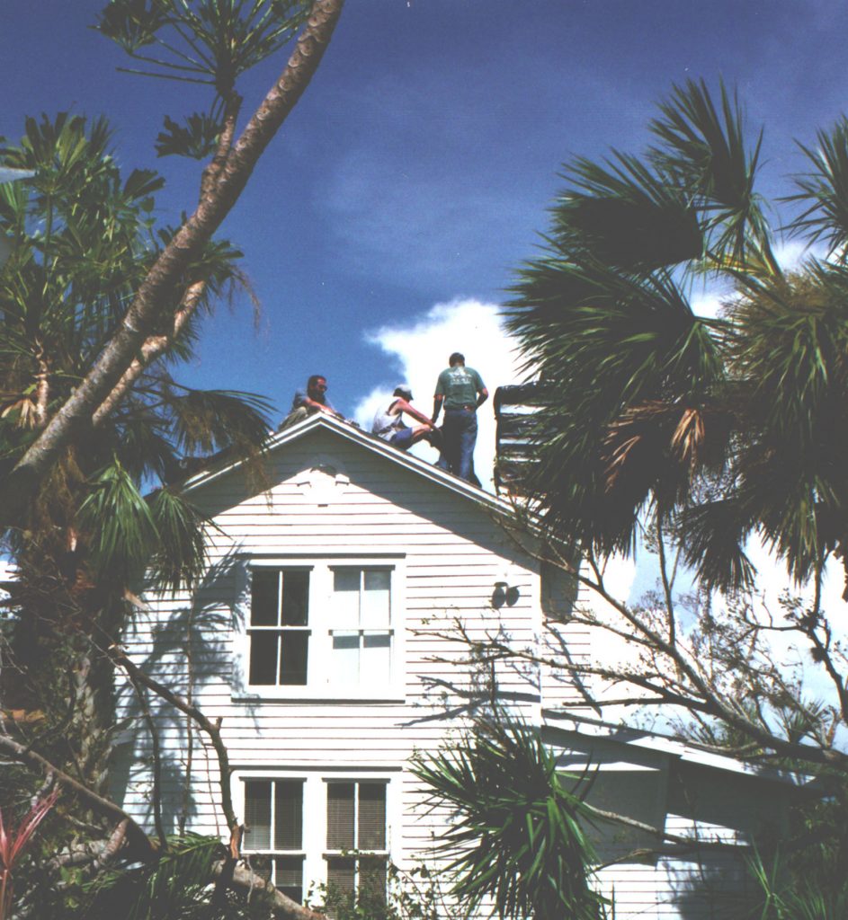 people standing on second story roof, downed trees can be seen around the house